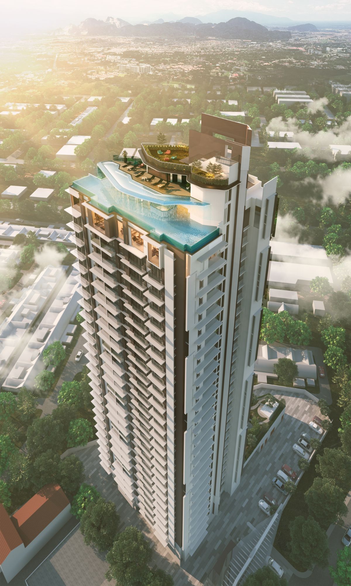 Iria — aerial view of the tower with rooftop pool