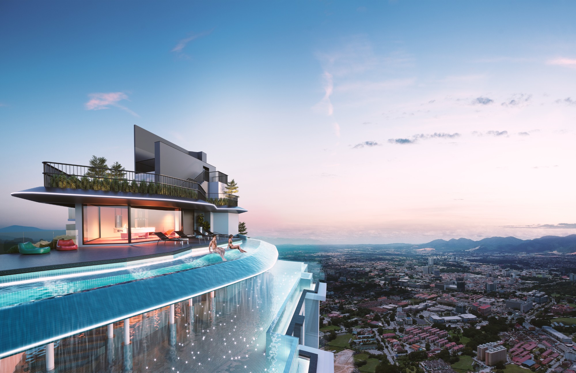 Iria — rooftop infinity pool at dusk with Ipoh skyline