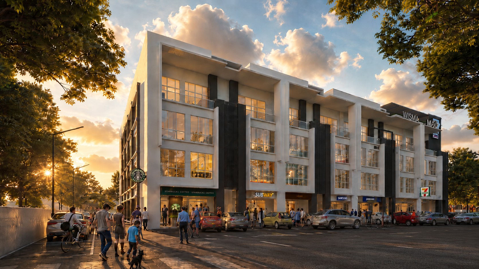 LUMINARA @ Canning — Iria Commercial Center, four-storey commercial frontage at sunset