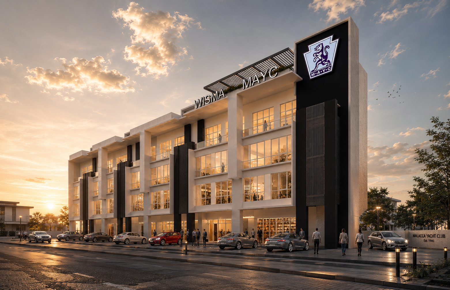 Artist's impression of The Luminara @ Canning at golden hour — three-storey commercial shop office, curtain-wall façade with dark vertical fins and an emblem-clad signage tower