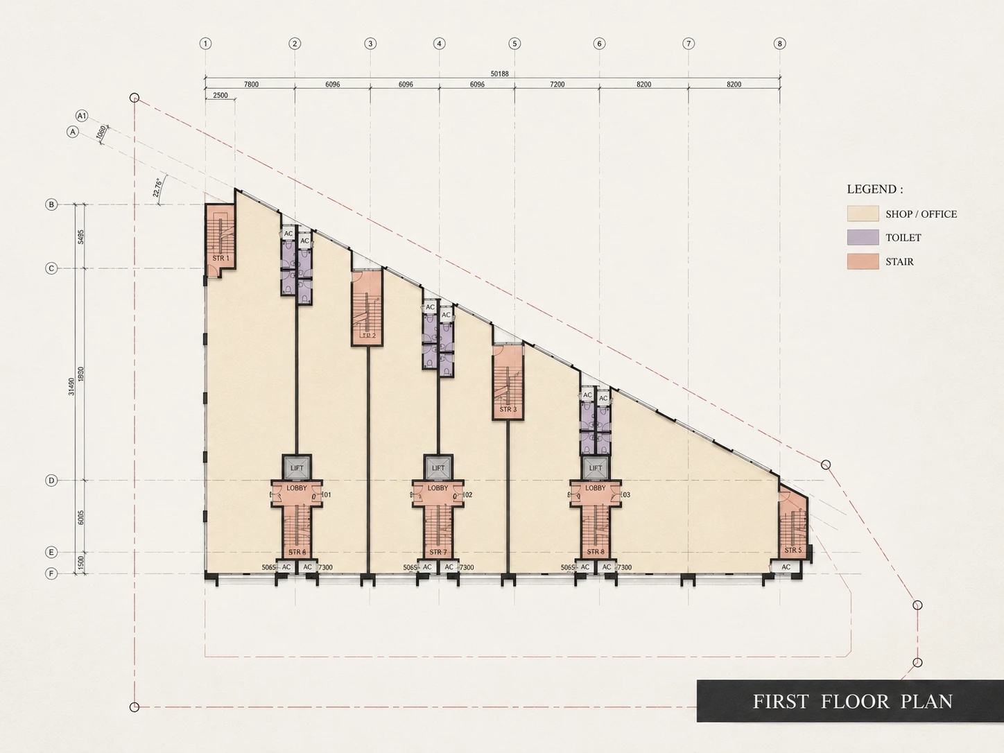 First floor plan — six shop/office units along the rear wall with per-unit toilets, three lift cores numbered 101/102/103, plus rear and corner escape stairs. Scale 1:150.