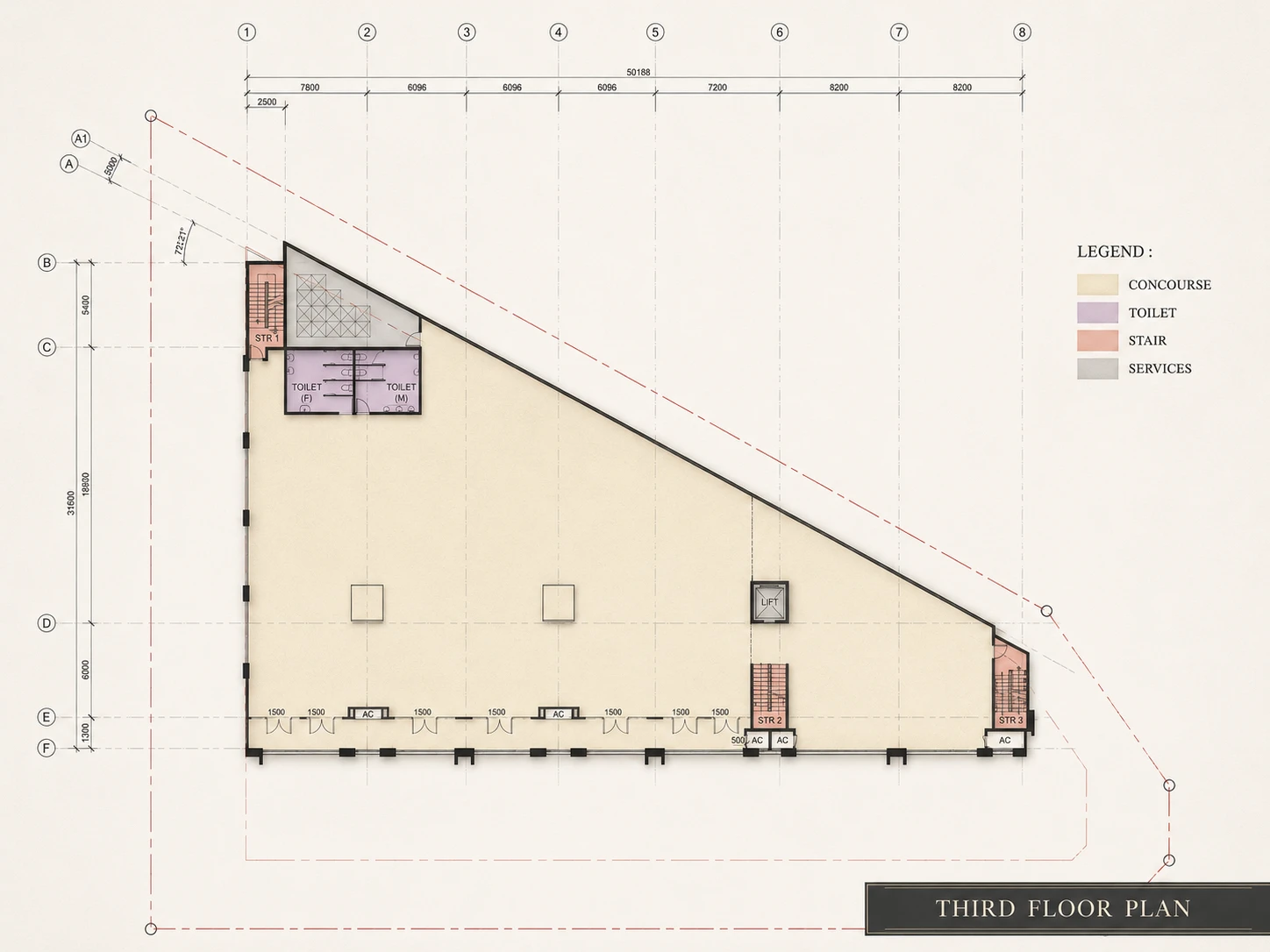 Third floor plan — single concourse penthouse with shared M and F toilets, single lift, services area and three stairs. Scale 1:150.
