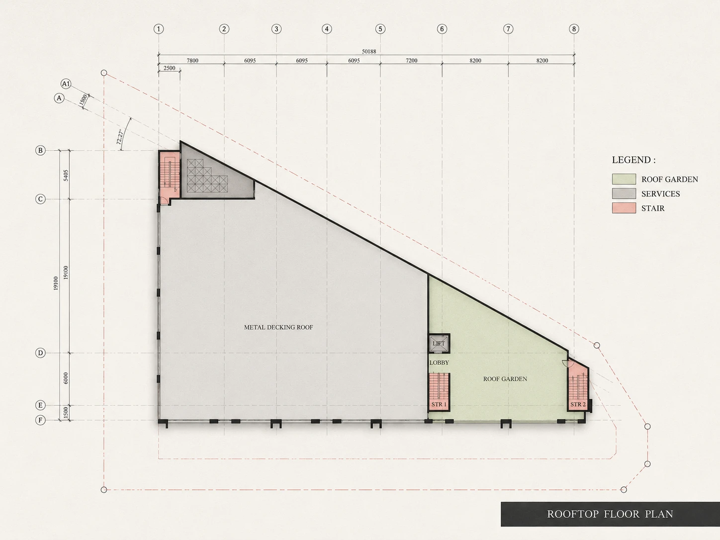 Rooftop floor plan — roof garden across the eastern half, metal-decking roof across the western half, services zone at the apex, single lift and two access stairs. Scale 1:150.